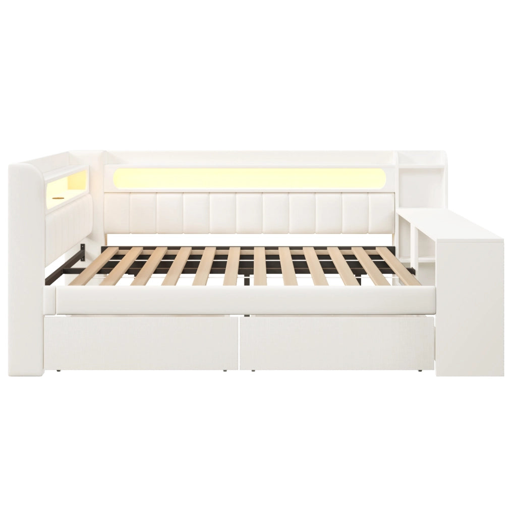 Letto daybed 140x200 cm con LED; porte USB; scrivania integrata e 2 cassetti; bianco