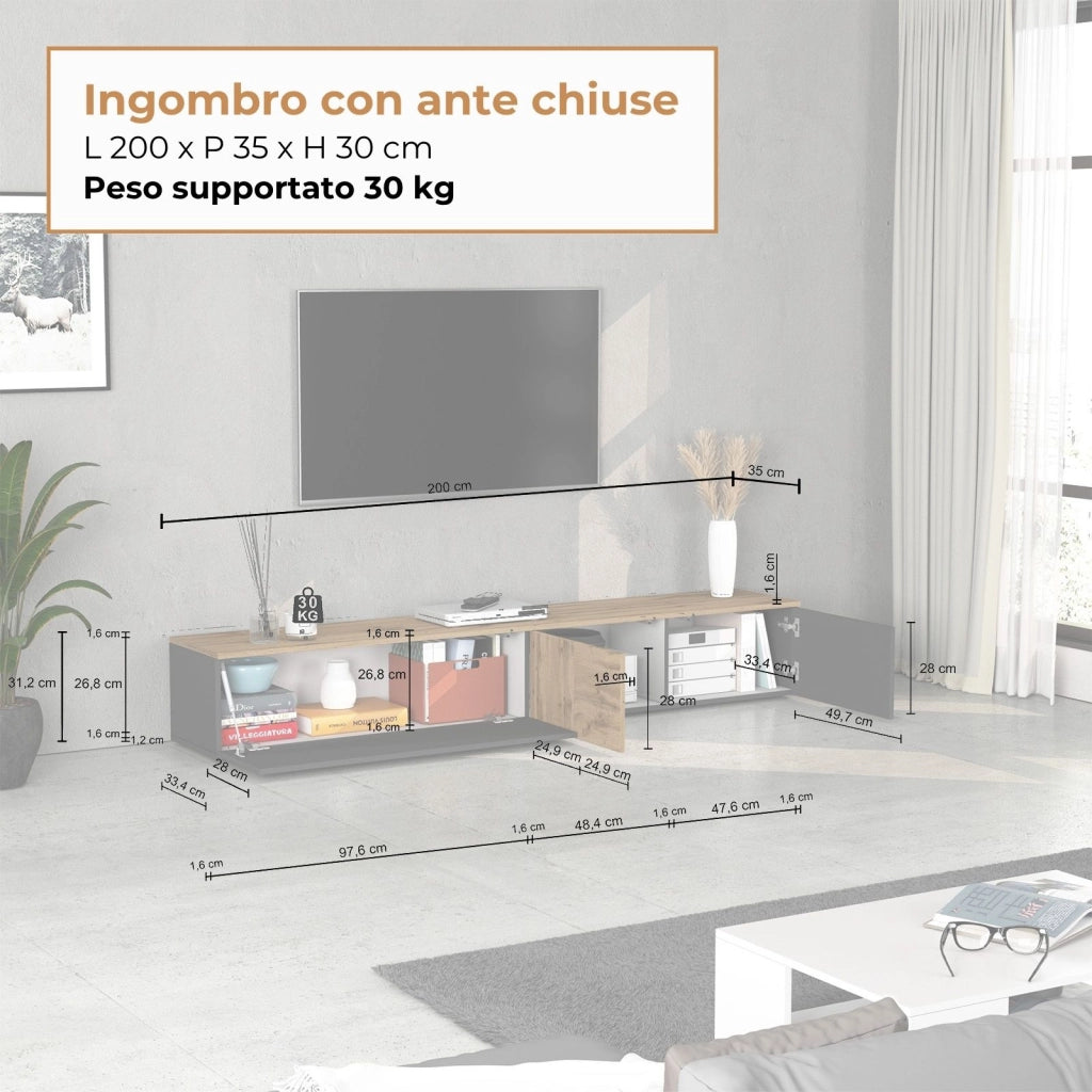 WHOUS Mobile porta TV sospeso Iseo con 2 ante e 1 ribalta antracite opaco e rovere 200x35x30 cm
