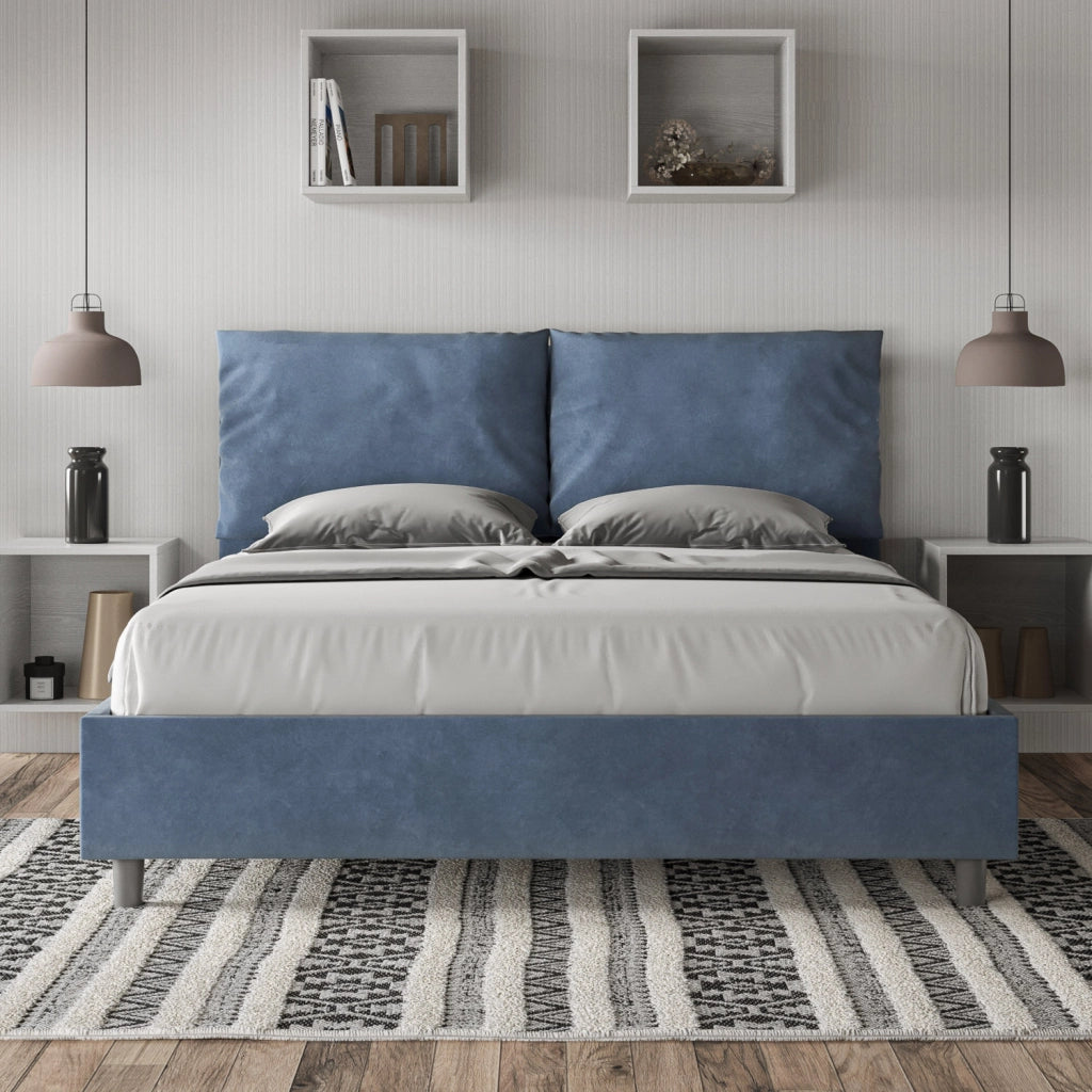 BS COM Letto matrimoniale senza rete imbottito 160x210 microfibra blu