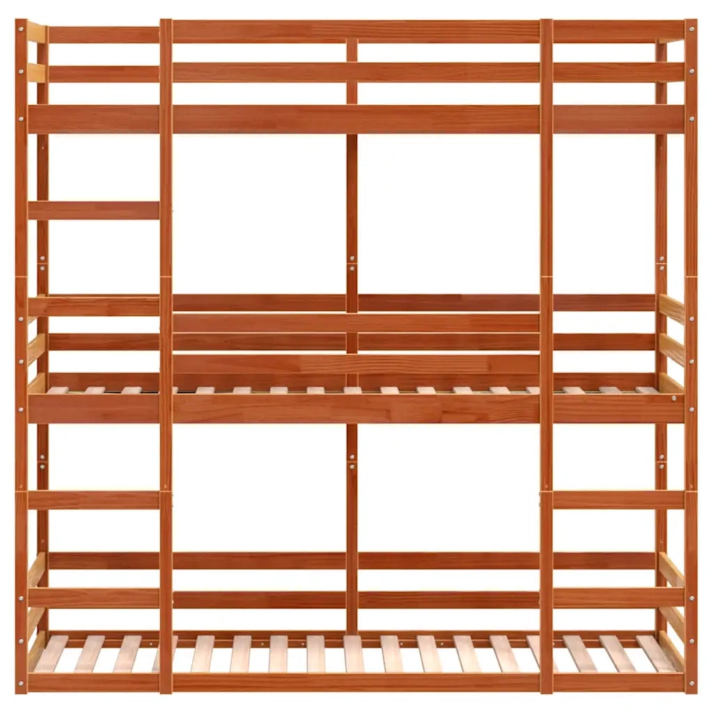 Letto Castello Triplo Marrone Cera 90x200cm Legno Massello Pino