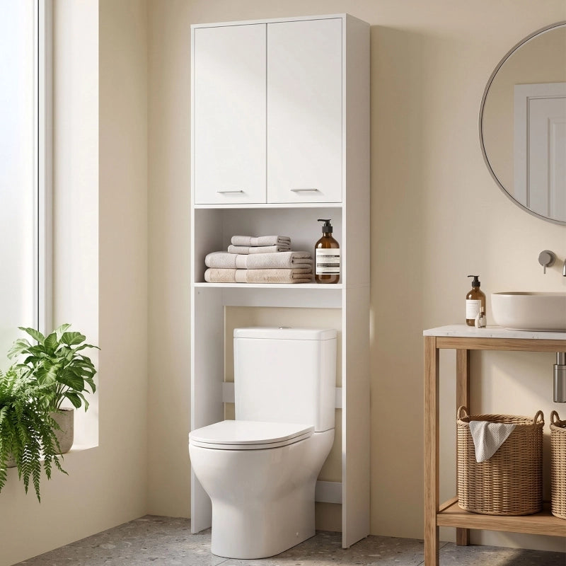 Mobile per lavatrice, mobile alto da bagno con 2 ante e vano a giorno, 66 x 24 x 191 cm, bianco