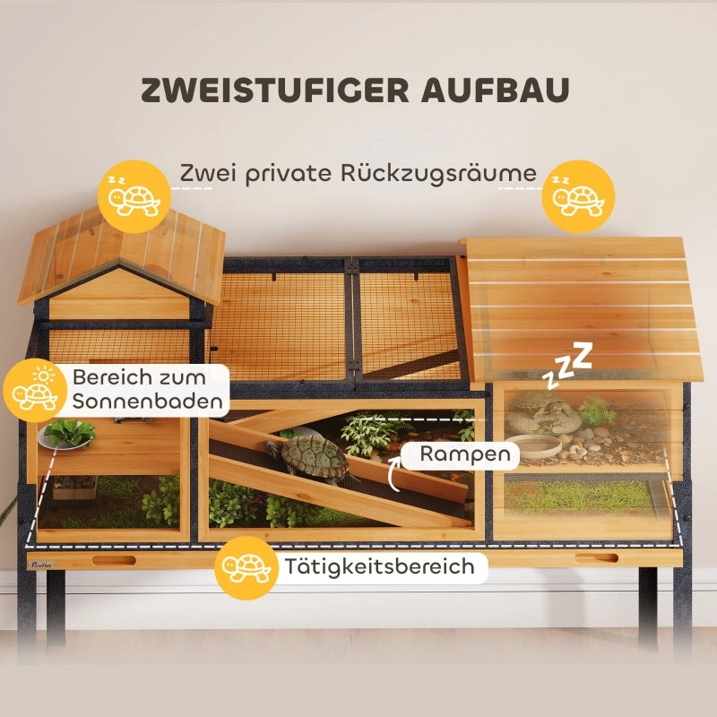 Casa per tartarughe, recinto per piccoli animali, 2 stanze, 2 piani, finestre, rampe, accessori, legno, acciaio, giallo