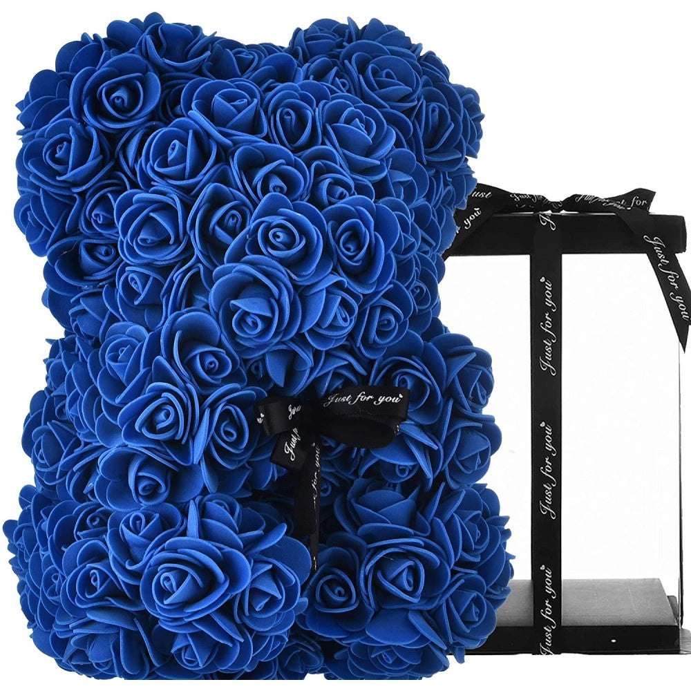Trade Shop - Orsacchiotto Orsetto Orso Di Rose Con Fiori Artificiali Da 25cm San Valentino - Blu
