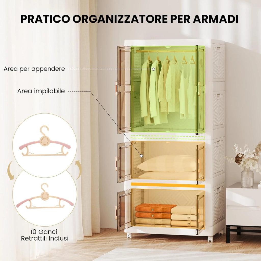 Armadio Appendiabiti Guardaroba Pieghevole su 3 Livelli, Armadietti in Plastica con Ruote e Coperchio, Scatole Contenitori di Stoccaggio Impilabili con Ante, per Soggiorno e Camera da Letto