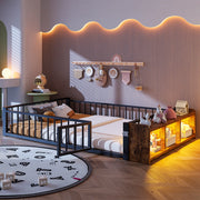 DESMIU Letto con barriera 2 posti, vano a giorno e LED, 140 × 200 cm, senza materasso, metallo e MDF nero