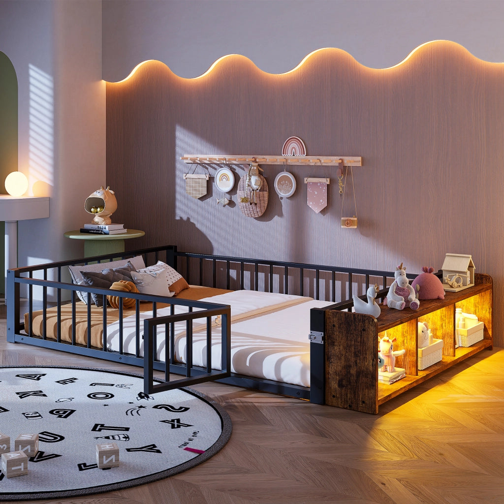 DESMIU Letto con barriera 2 posti, vano a giorno e LED, 140 × 200 cm, senza materasso, metallo e MDF nero