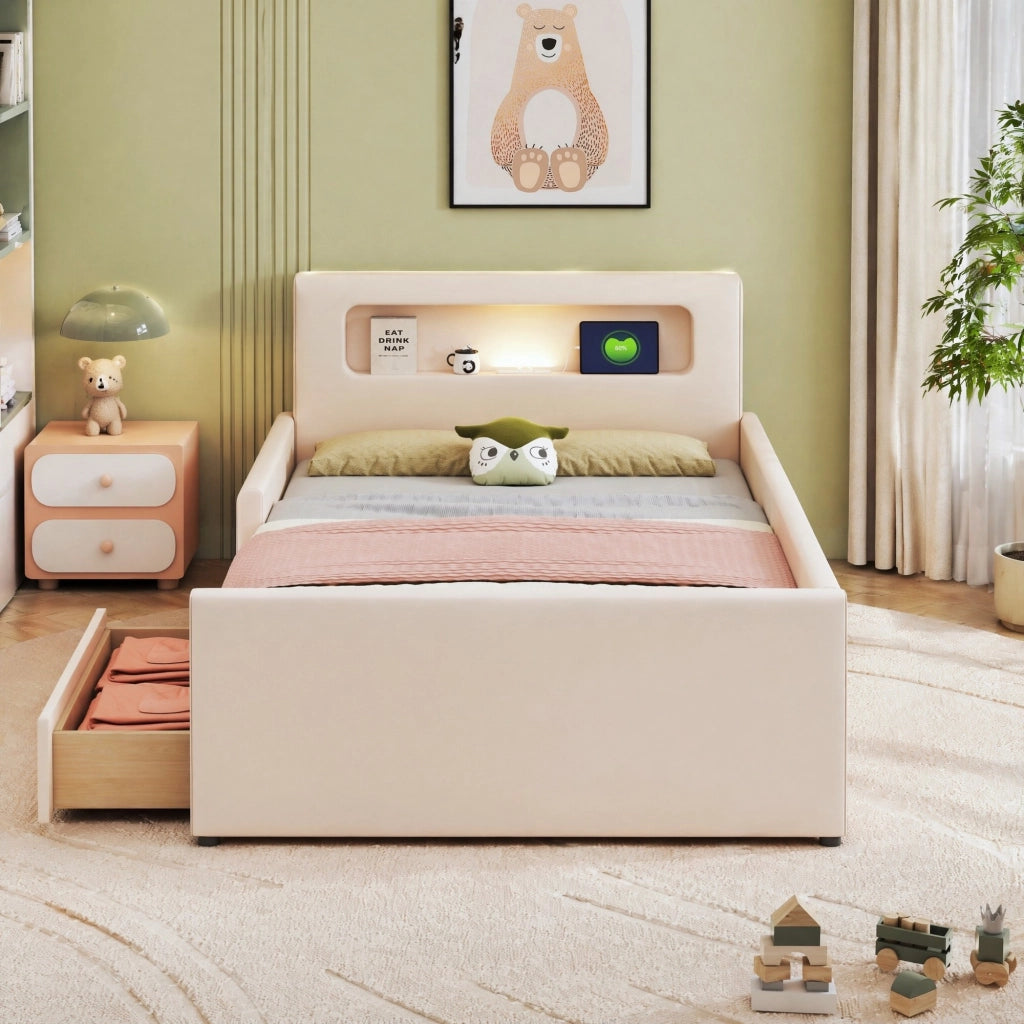 LETTO per bambini 90x200 cm beige in similpelle con USB, luce notturna e cassetti