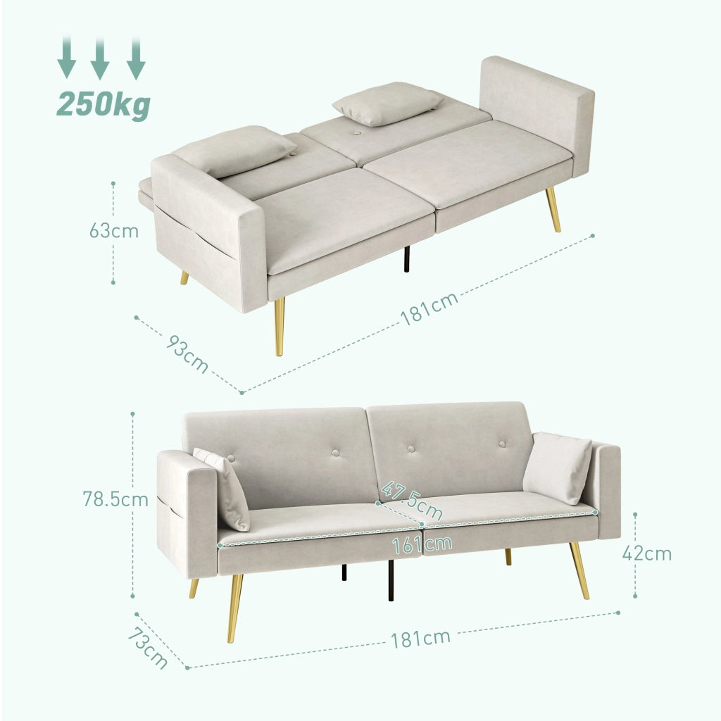 Divano letto convertibile 2 posti beige con schienale regolabile, tasche laterali e cuscini