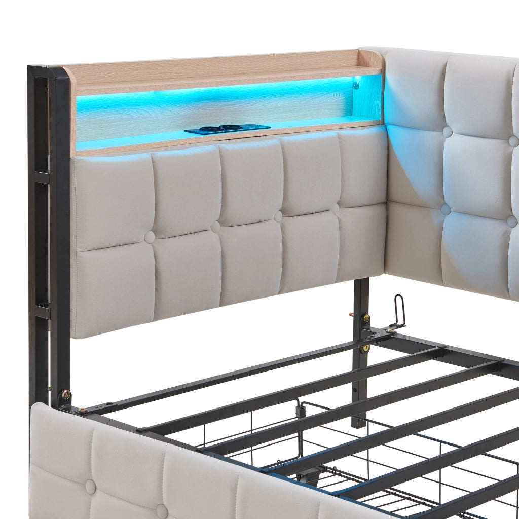 LETTO Imbottito 90 x 200 cm Beige con 2 Cassetti, LED e porte USB/Type-C