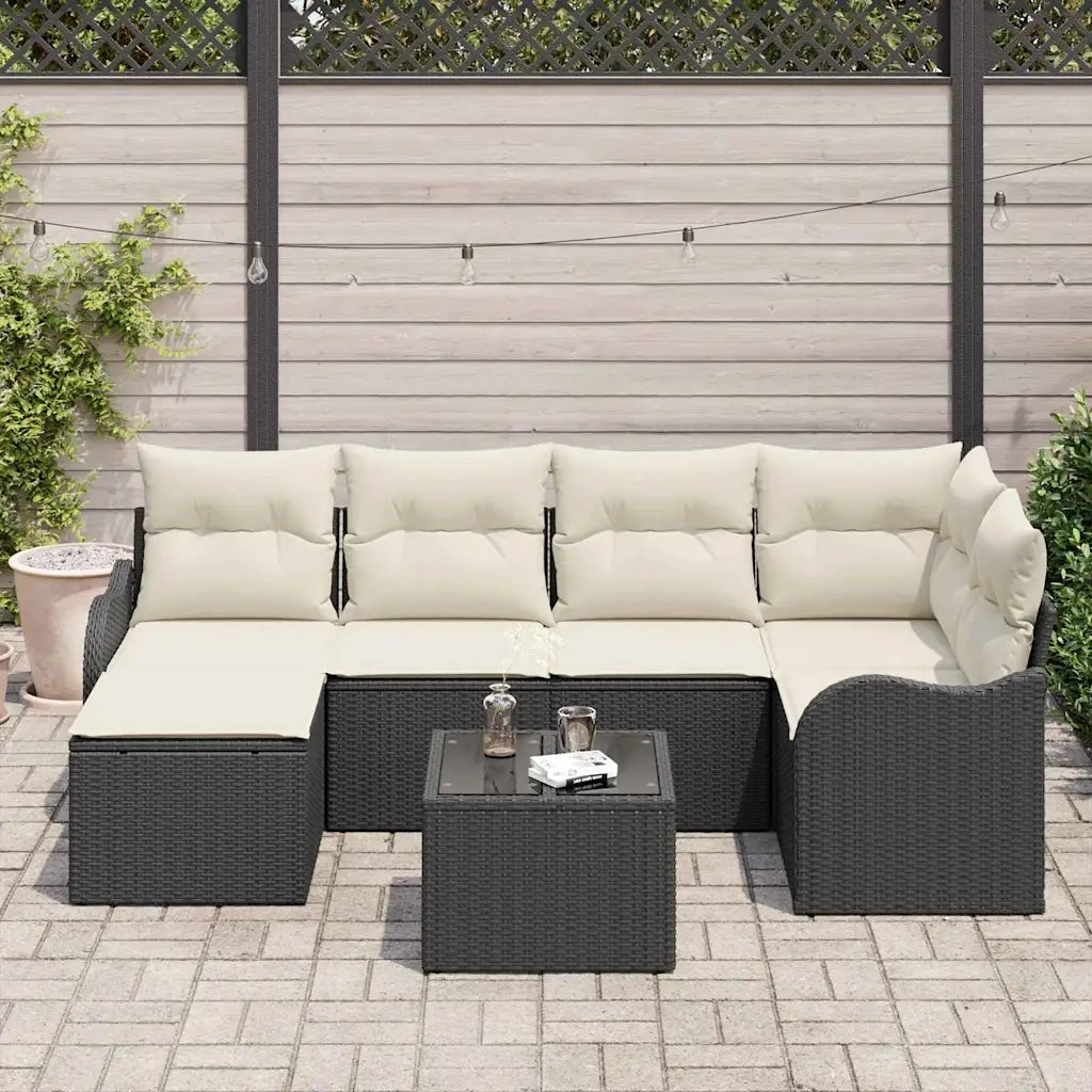 Set Divano da Giardino con cuscino 7 pcs Nero Poly Rattan