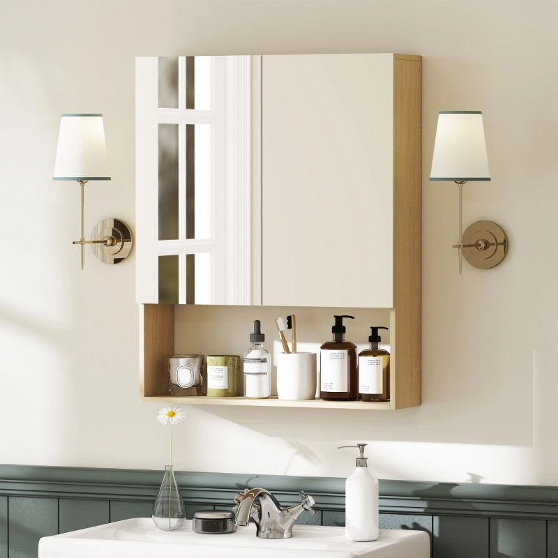 Mobile da bagno, ante a specchio, ripiano aperto, montaggio a parete, MDF, truciolato, rovere