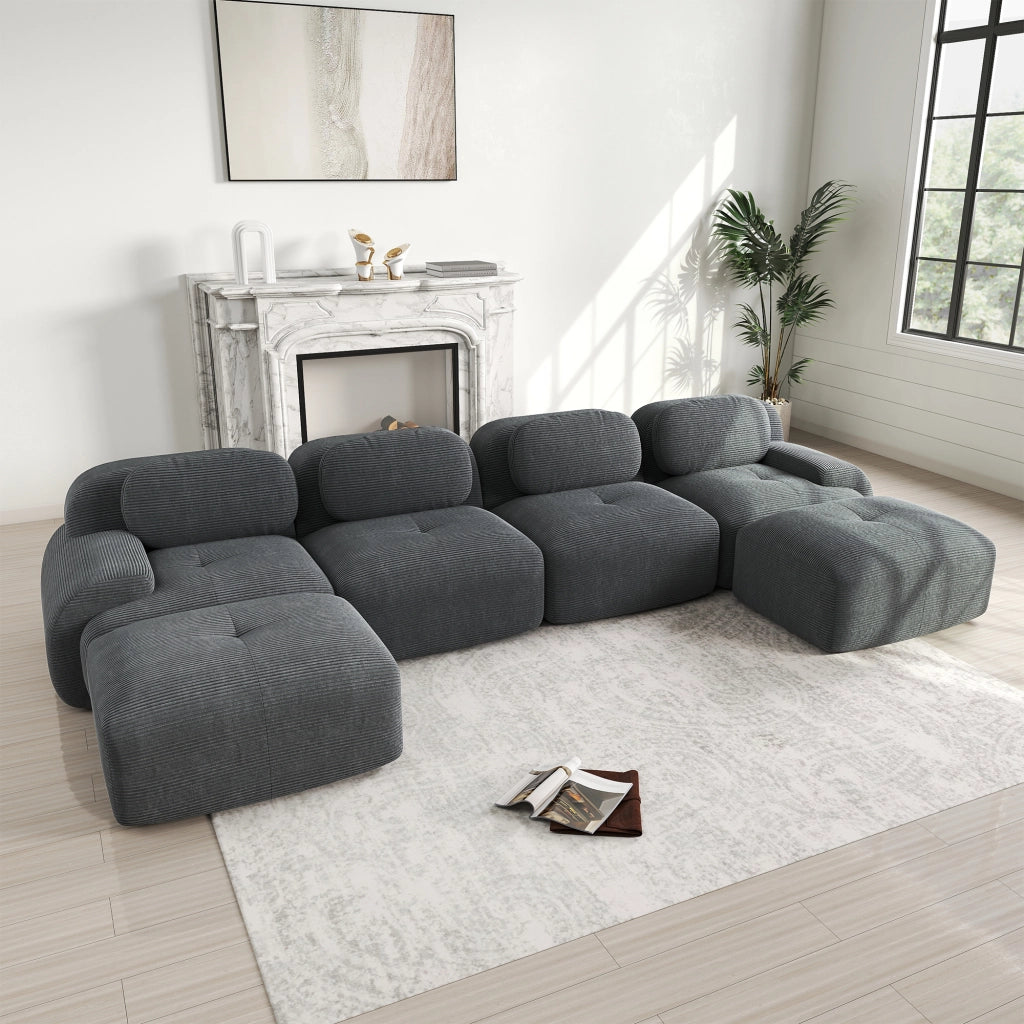 Divano panoramico a U modulare senza montaggio, con braccioli ergonomici, in velluto a coste grigio, 388×178×70 cm