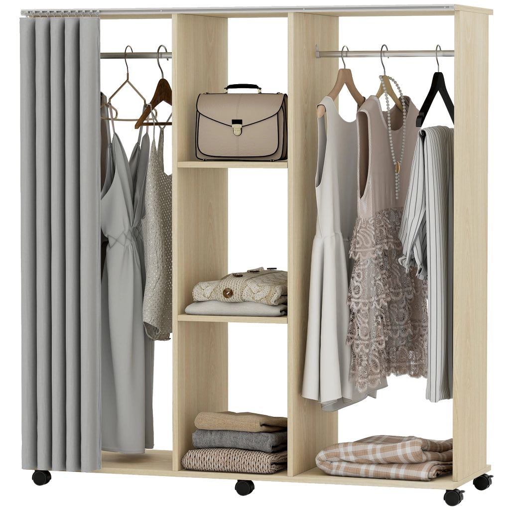 Armadio guardaroba mobile con ante e cassetti ¨C Xylo ¨C legno naturale 120x40x128cm con 6 ruote