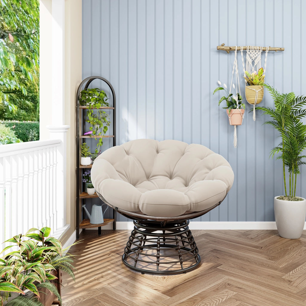 Chaise ergonomique confortable en osier papasan chaise int¨¦rieure ext¨¦rieure pivotante ¨¤ 360¡ã avec coussin ¨¦pais et doux id¨¦ale pour le salon la chambre la salle de lecture cadre marron avec coussin beige