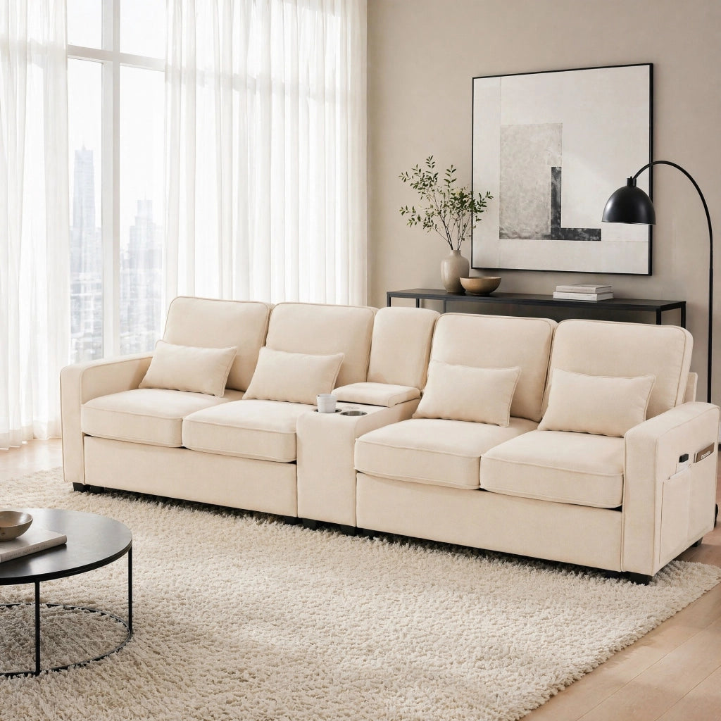 Divano a 4 posti con console; portabicchieri; USB e tasche laterali; beige