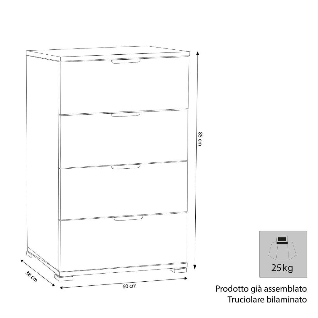 Cassettiera 4 cassetti in Legno Composito cm 60x38x85 - SCOTTIE