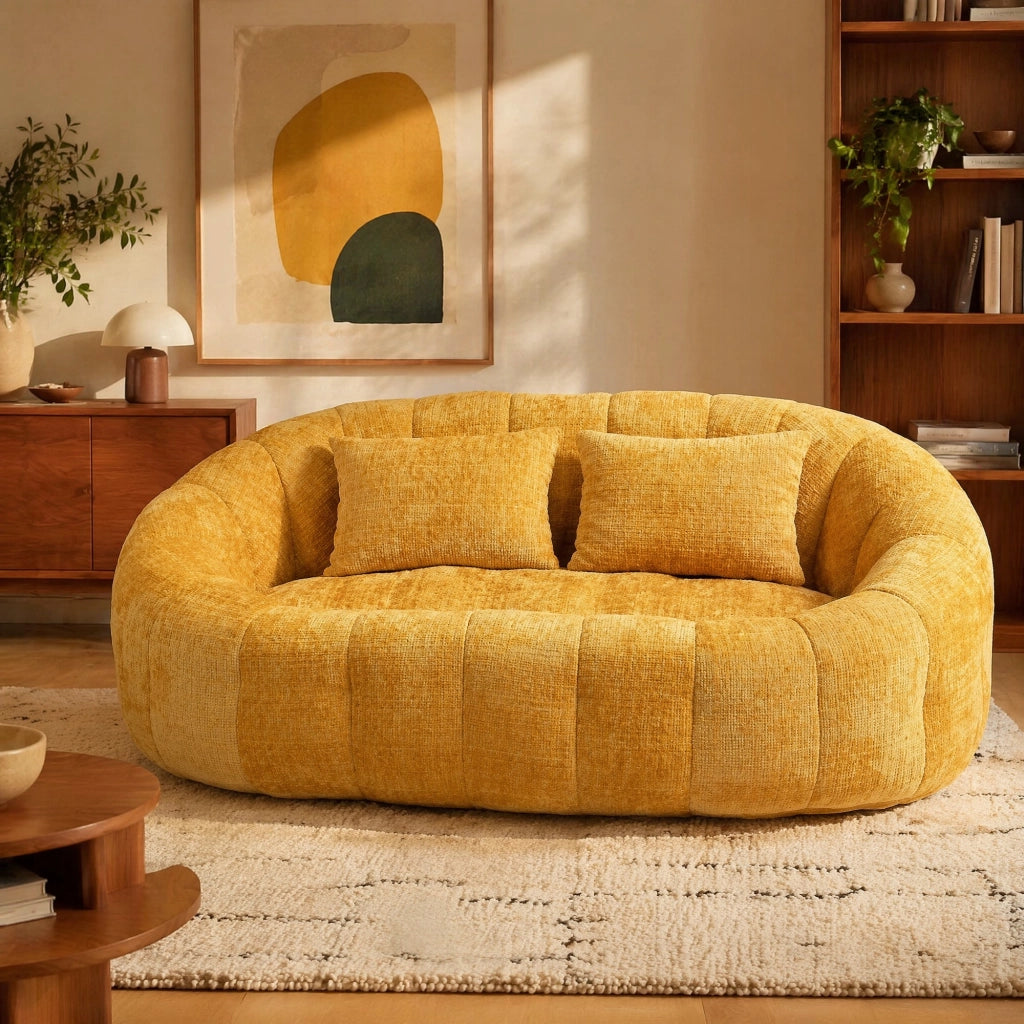Sacco pouf divano a due posti in ciniglia gialla 150x95x63 cm; con schiuma memory
