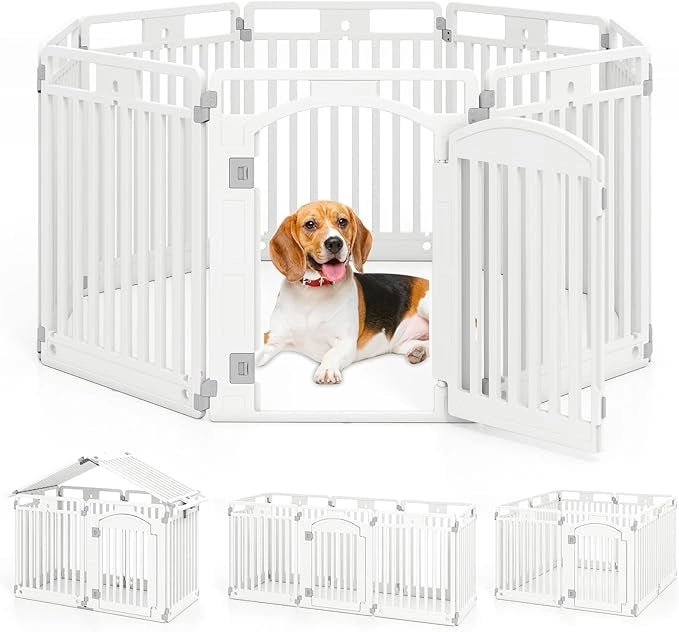 Pannello in Plastica per Cani a 8 Pannelli, Recinzione Portatile per Animali Domestici, Cancello Pieghevole con Porta di Sicurezza con Serratura per Cani, Recinto Pieghevole, 192 x 65 x 80 cm