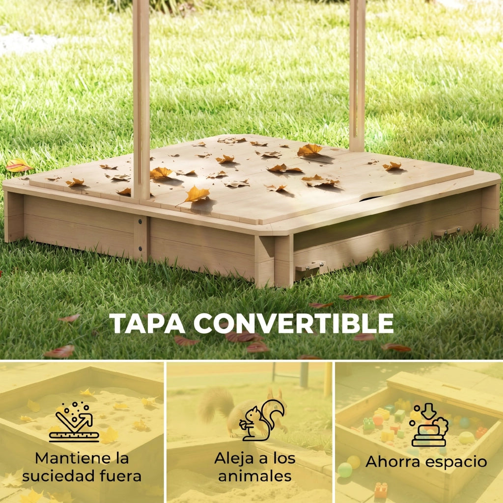 Arenero per Bambini con Tettoia Regolabile e Panche ¨C Zephmum ¨C 106x106x115 cm Legno Naturale