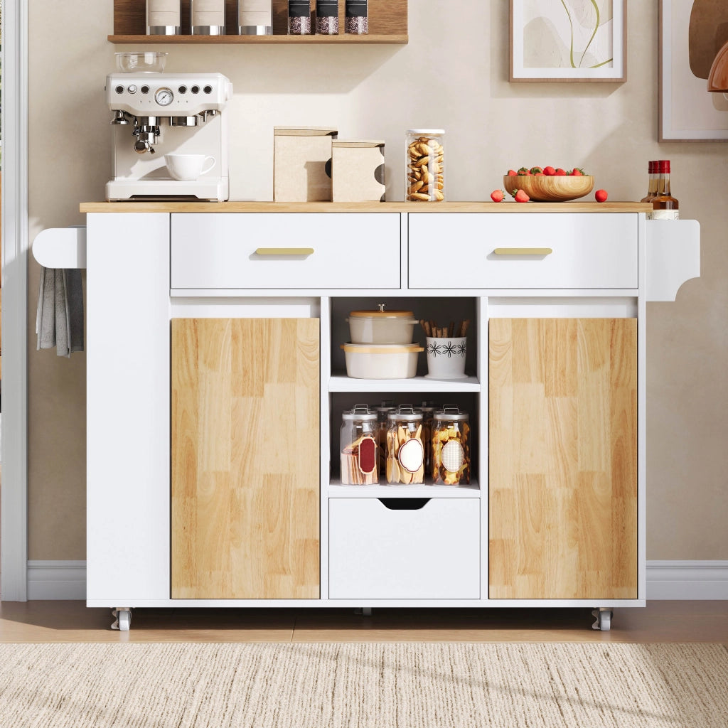 Carrello da cucina con 3 cassetti; piano ribaltabile; ripiani laterali e ruote con freno per cucina