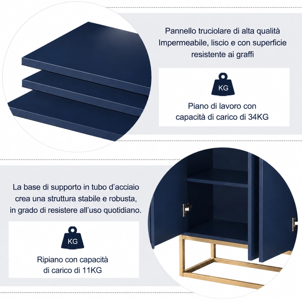 Credenza buffet 120cm blu marino, mobile soggiorno pannello di particelle con base metallo oro, 4 ante push‑to‑open, ripiani regolabili per sala da pranzo ingresso