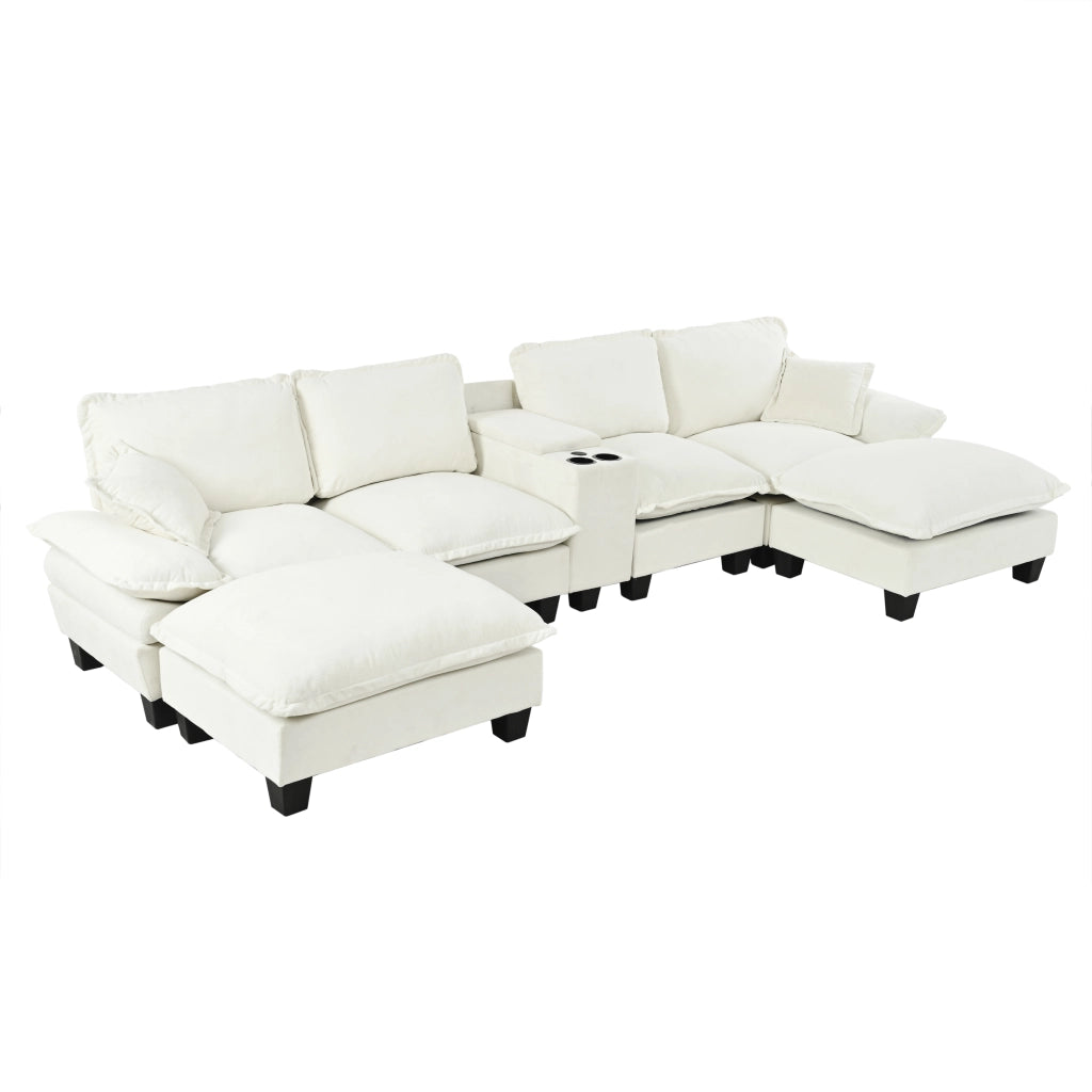 Divano Modulare U a 5 Posti con Ottomane, Contenitore e USB ¨C Xylo ¨C Chenille Beige