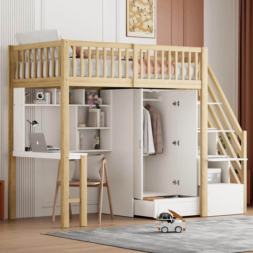 Letto a soppalco singolo 90×200 cm con armadio; scrivania e scala con cassetti; senza materasso; bianco e legno
