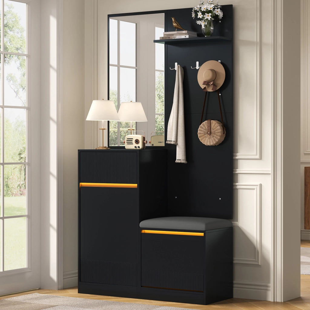 Mobile ingresso con specchio; LED e scarpiera - per ingresso - in MDF - nero