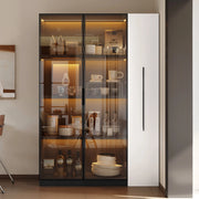 Armadio vetrina 110.5x35x160 cm con LED e ripiano laterale estraibile in MDF e vetro bianco e nero