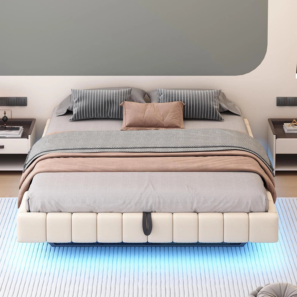 Letto-Xylo-180x200 cm-idraulico, LED, senza testiera, lino beige