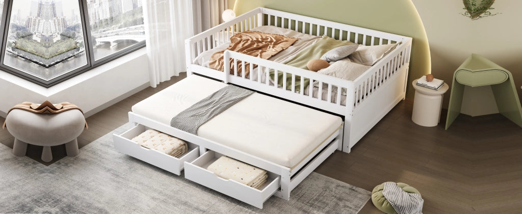 DESMIU Letto 140 × 200 cm con letto estraibile, 2 cassetti, senza materasso, in legno, bianco
