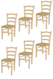 Set 6 sedie Venice Tommychairs, robusta struttura in faggio levigato, non trattato, 100% naturale e seduta in paglia