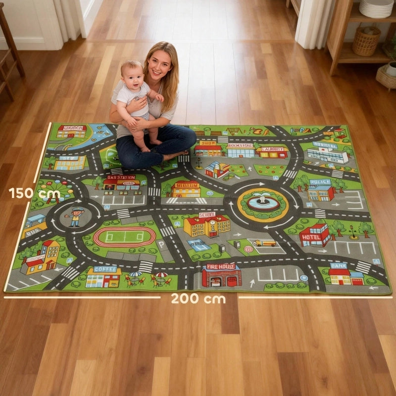 Tappetino per gattonare, tappetino da gioco 200x150x0,5 cm, coperta antiscivolo con lato inferiore antiscivolo, motivo citt¨¤ per la cameretta dei