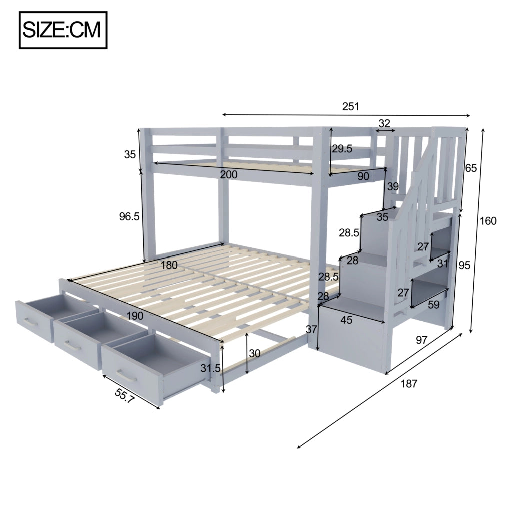 Letto a castello multifunzione con letto estraibile 90/200 cm; 3 cassetti; grigio