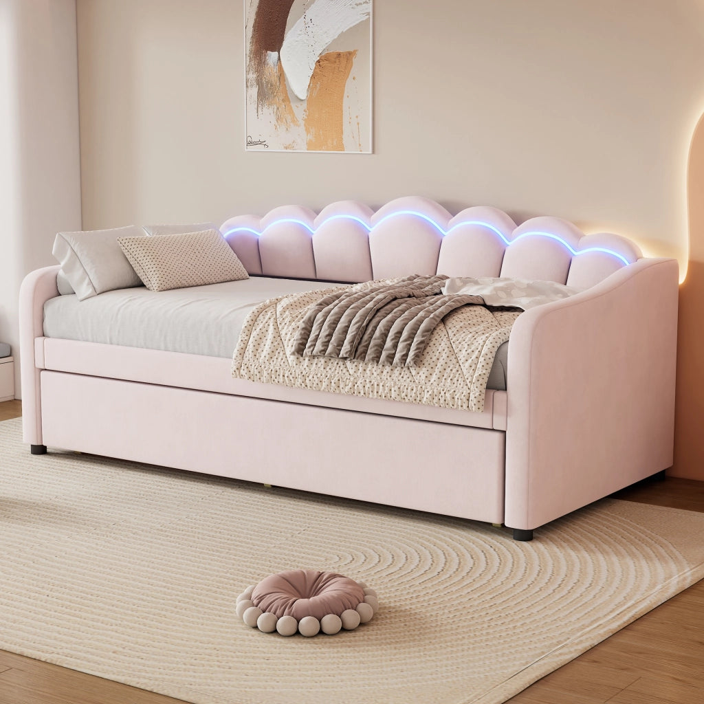 OKWISH Letto a Scomparsa 90×200 cm, Letto Singolo con Letto Estraibile, LED Regolabile e Telecomando, senza Materasso, Velluto, Rosa