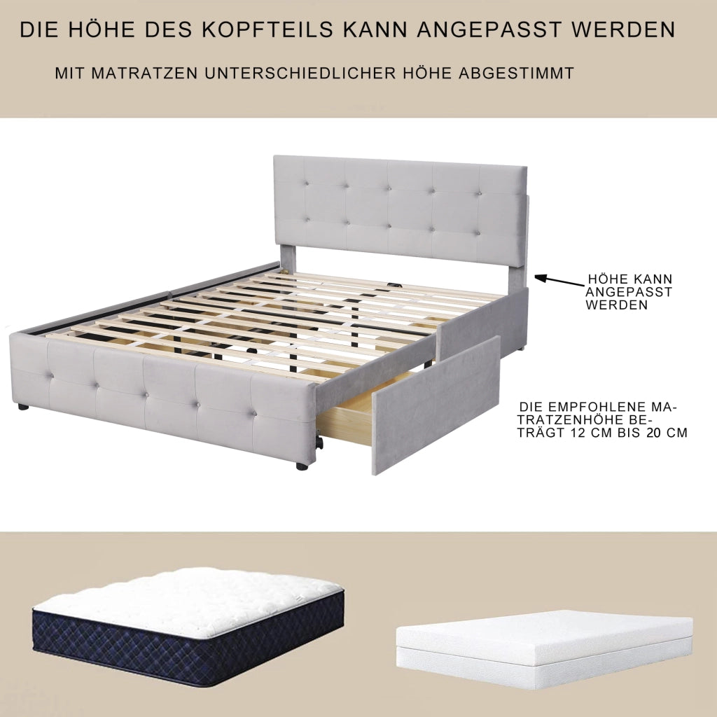 LETTO imbottito 140x200 cm con 4 cassetti, velluto grigio