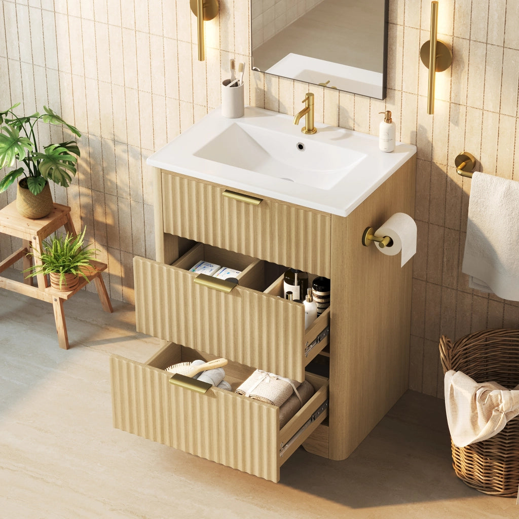 Mobile bagno con 2 cassetti; lavabo in ceramica e portarotolo reversibile per bagno; in MDF; legno naturale; 61×47×82 cm