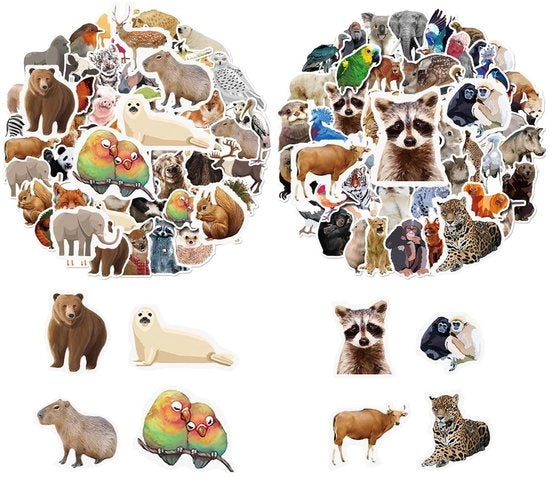 Sticker animali 100 pezzi - Riciclabili - Impermeabili - Autoadesivi - Multicolore - Educativi e Creativi - Etichette autoadesive