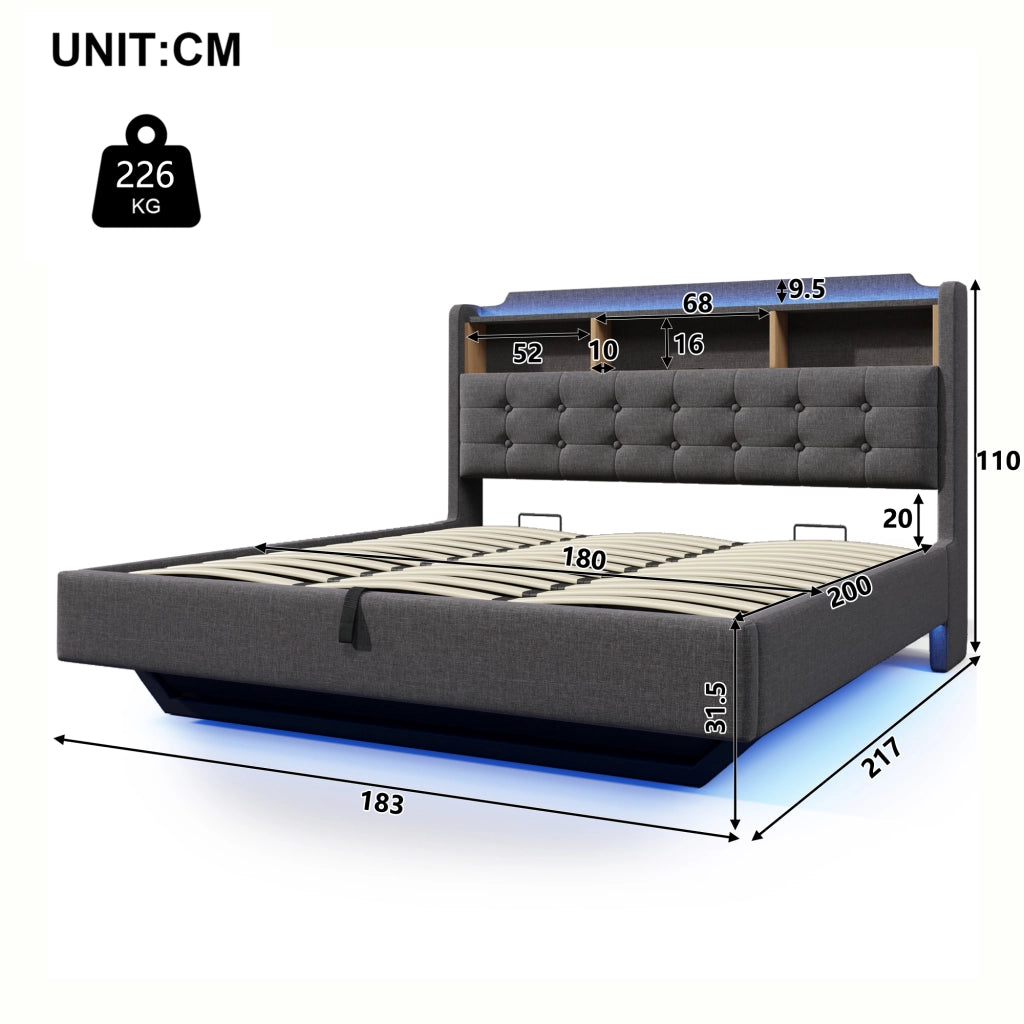 LETTO Contenitore 180x200 cm Grigio in Lino e MDF con LED, USB e Type-C