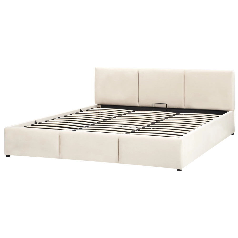 Letto Ottomano Beige Chiaro Velluto Tappezzato 180 x 200 cm Testiera Travestita Funzione Contenitore