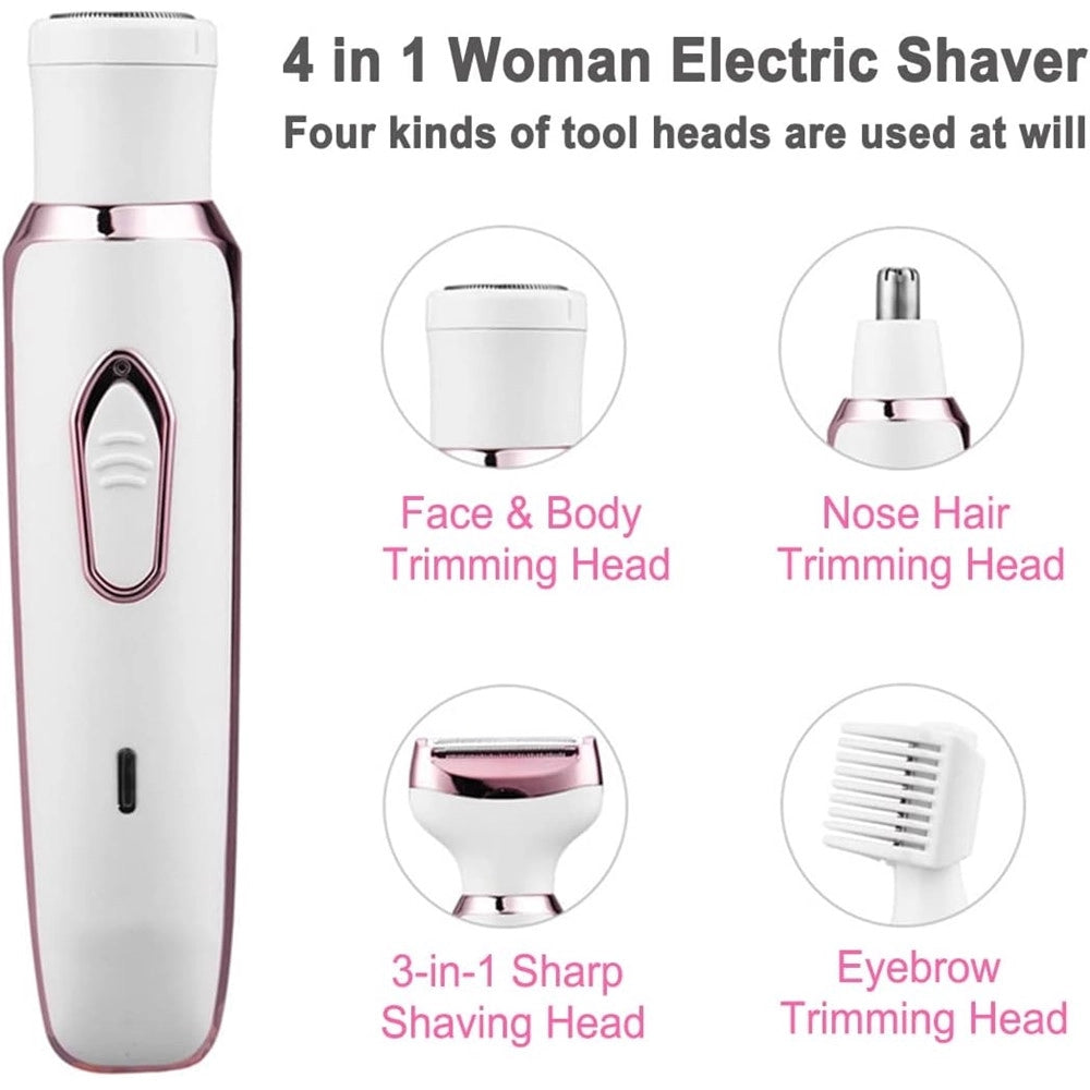 Trade Shop - Set Rasoio Elettrico Da Donna Per Corpo Viso Naso Indolore Ricaricabile Portatile 4in1 -
