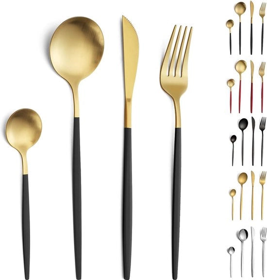 Set da tavola, 24 pezzi, per 6 persone, set da tavola in acciaio inox, set da tavola con manico nero oro lucido, set da tavola con coltello, forchetta, cucchiaio, resistente al lavastoviglie