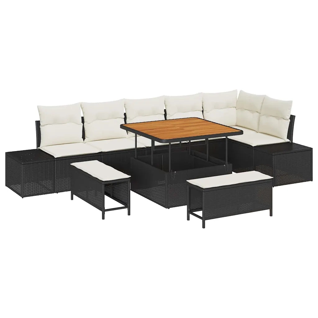 Set Divano da Giardino con cuscino 9 pcs Nero Poly Rattan