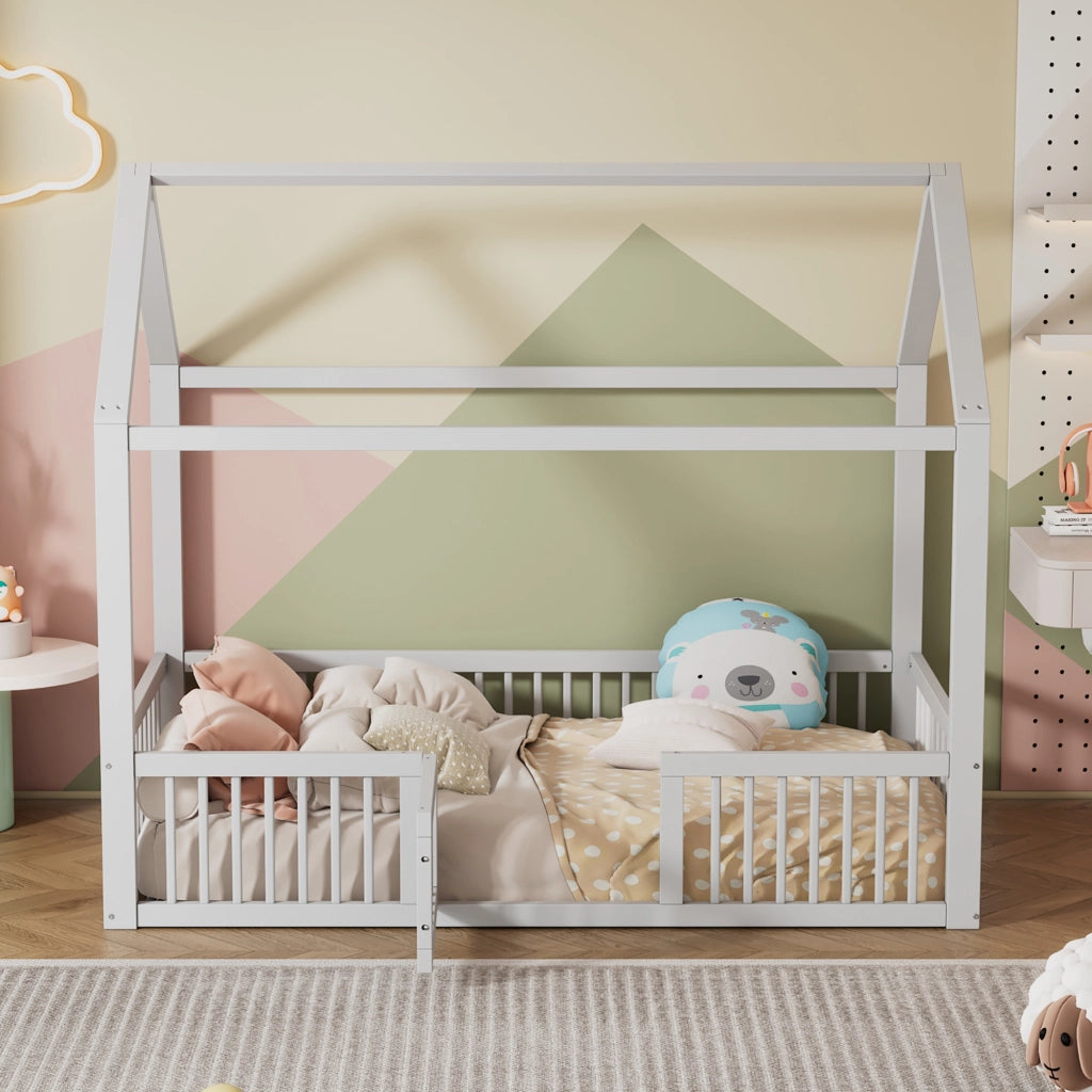 OKWISH Letto a casetta 90×200 cm, Letto Singolo con Spondine di Sicurezza, Porticina e Doghe, senza Materasso, in Pino e MDF, Bianco
