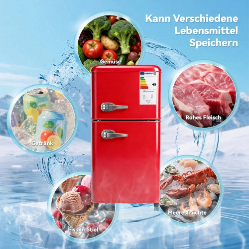 Frigorifero a doppia porta (86L) – controllo della temperatura a 7 livelli; classe di efficienza energetica E; luce a LED; ripiani regolabili e portauova – rosso