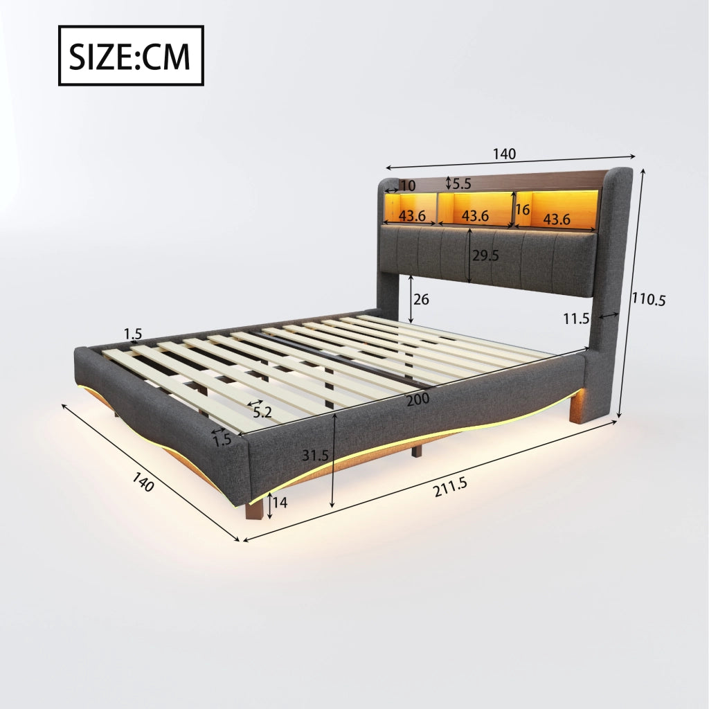 LETTO Imbottito 140x200 cm Grigio con LED, USB, Type-C e vano testiera