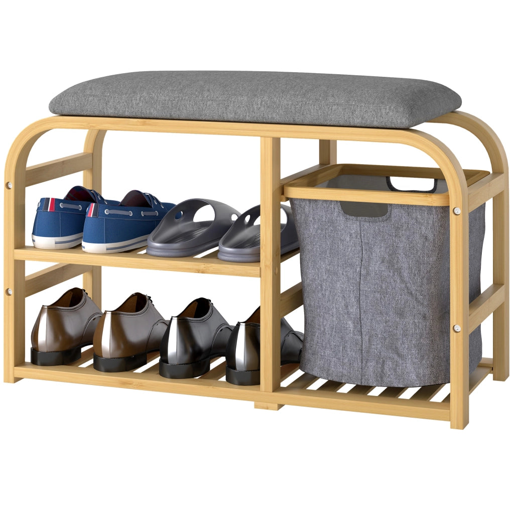 Panca portascarpe con cuscino ¨C Xylo ¨C legno naturale, 2 ripiani e cestino, 70x30x45cm