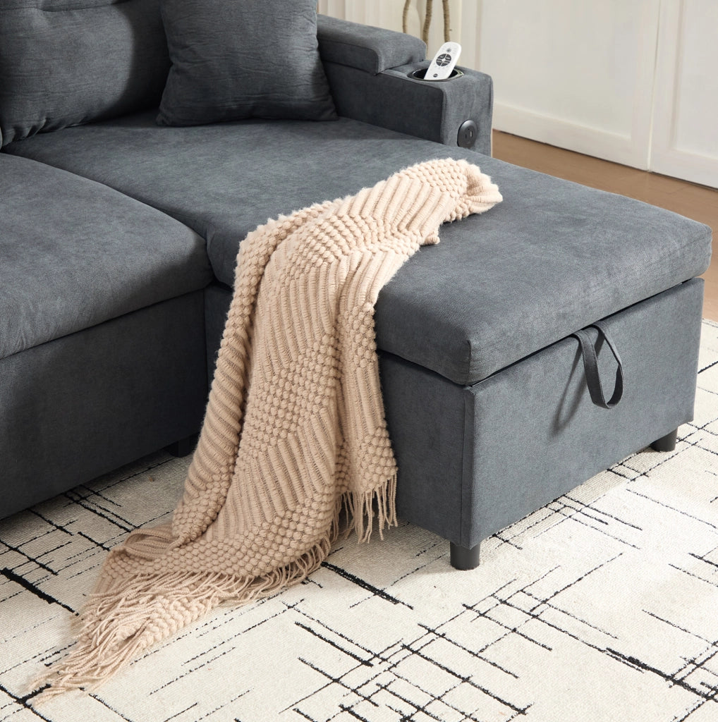 Divano letto 212.5x136x86 cm con chaise longue idraulica e letto estraibile in lino grigio scuro