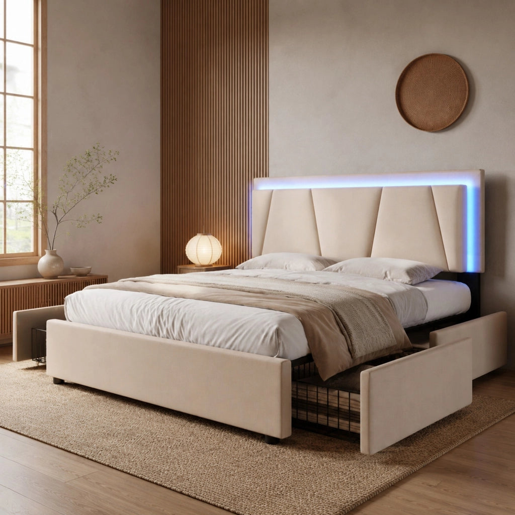 DESMIU Letto matrimoniale 140 × 200 cm con 4 cassetti, LED, testiera regolabile, senza materasso, beige
