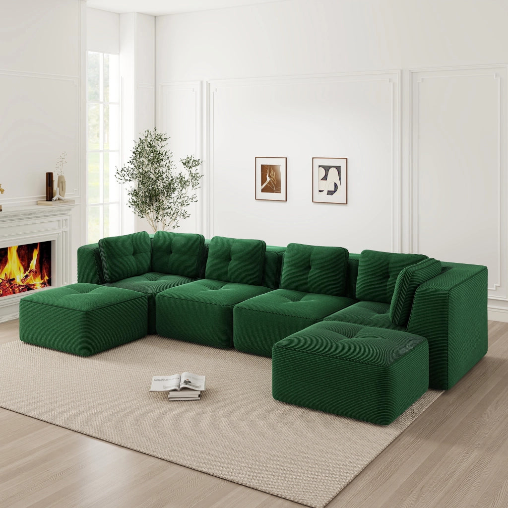 Divano Angolare Modulare con Ottomane ¨C MINIMAL ¨C Verde, Tessuto, Senza Montaggio